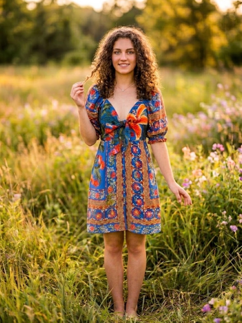 NWT FARM Rio Bordadeira Azul Tropical Smocked Mini Dress Small